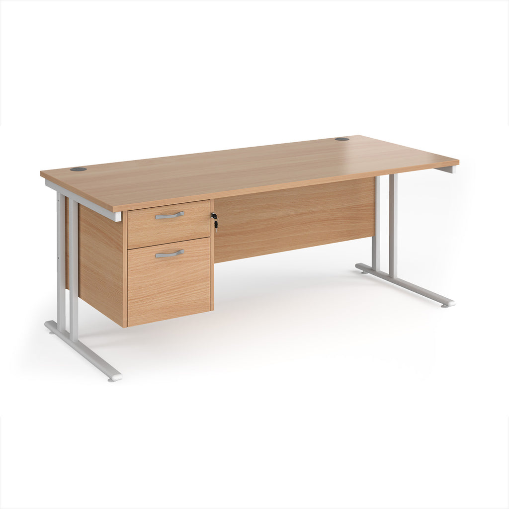 Wooden office desk with two drawers and metal legs on a white background