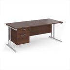 Wooden office desk with two drawers and metal legs on a white background