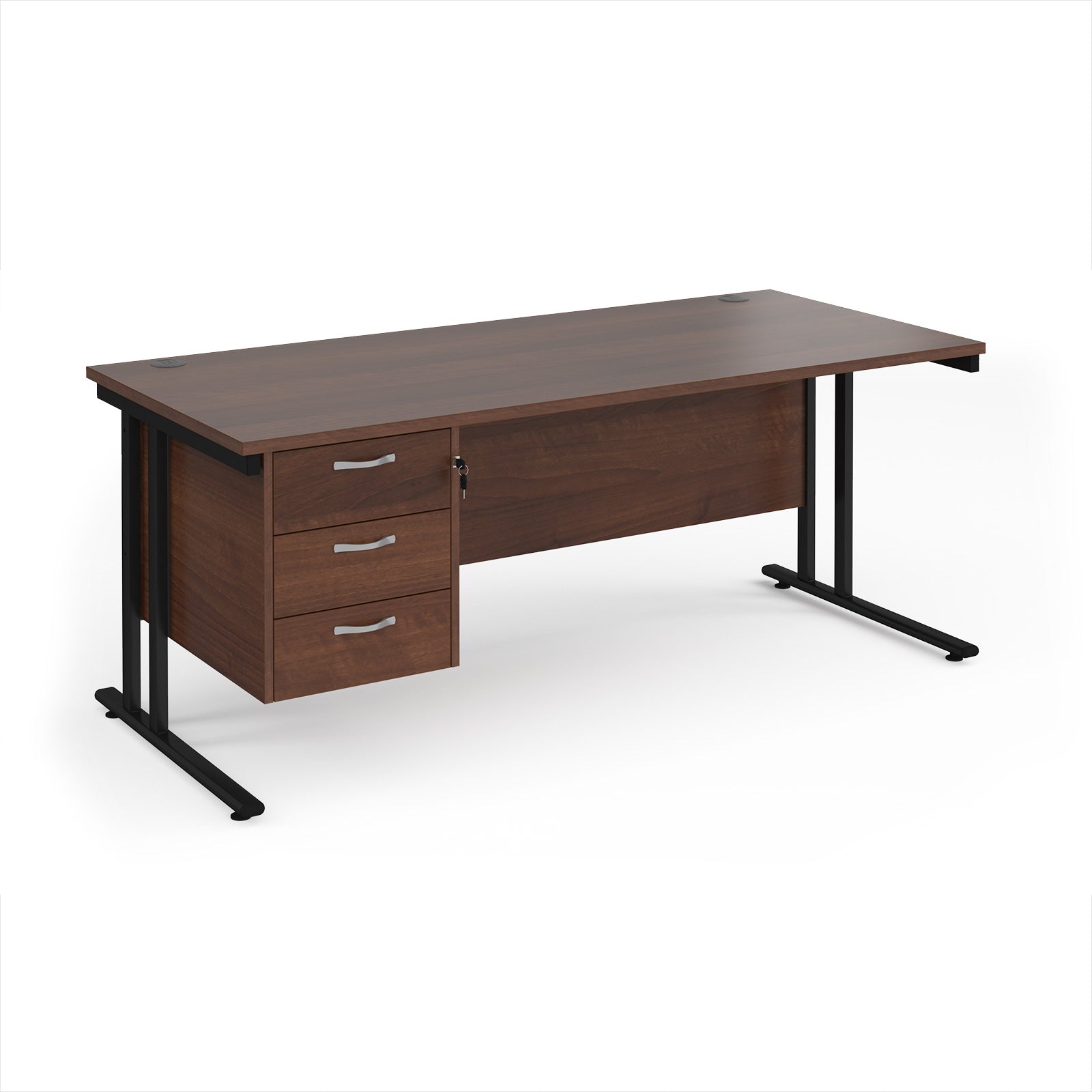 Wooden office desk with black metal legs and three drawers on a white background