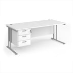White office desk with silver legs and fixed pedestal on a white background