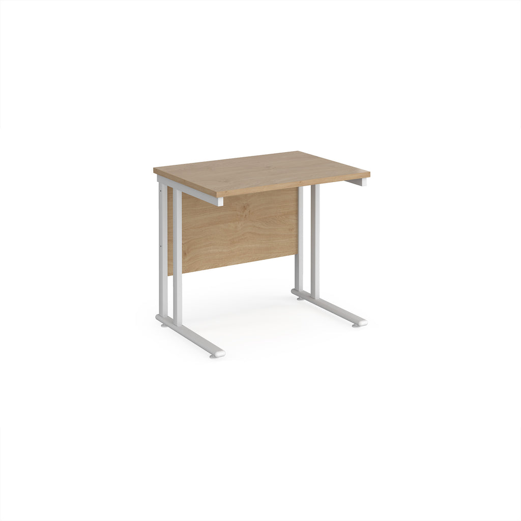 Wooden desk with white metal legs on a white background