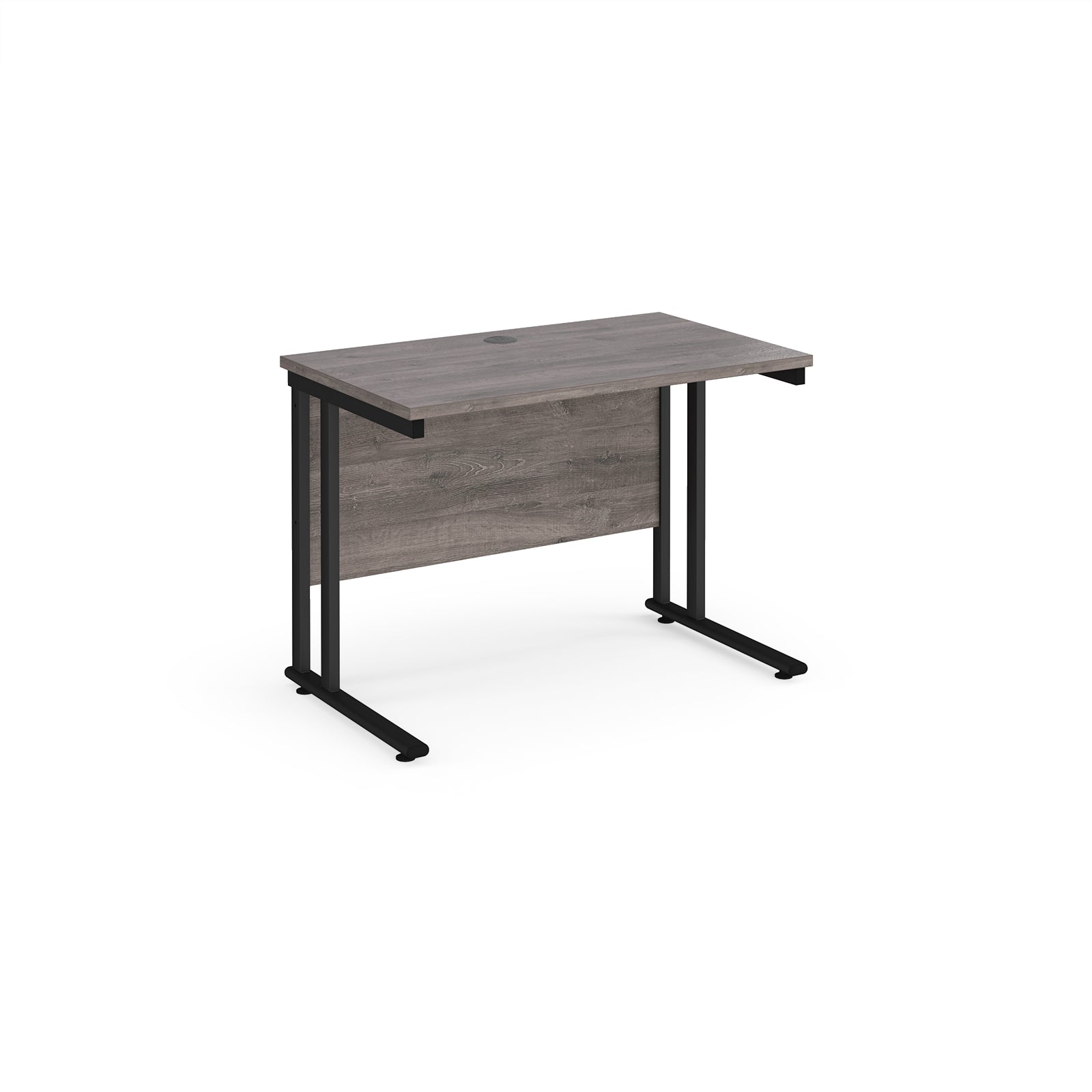 Wooden desk with black metal legs on a white background