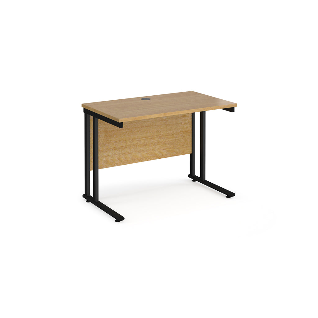 Wooden desk with black metal legs on a white background
