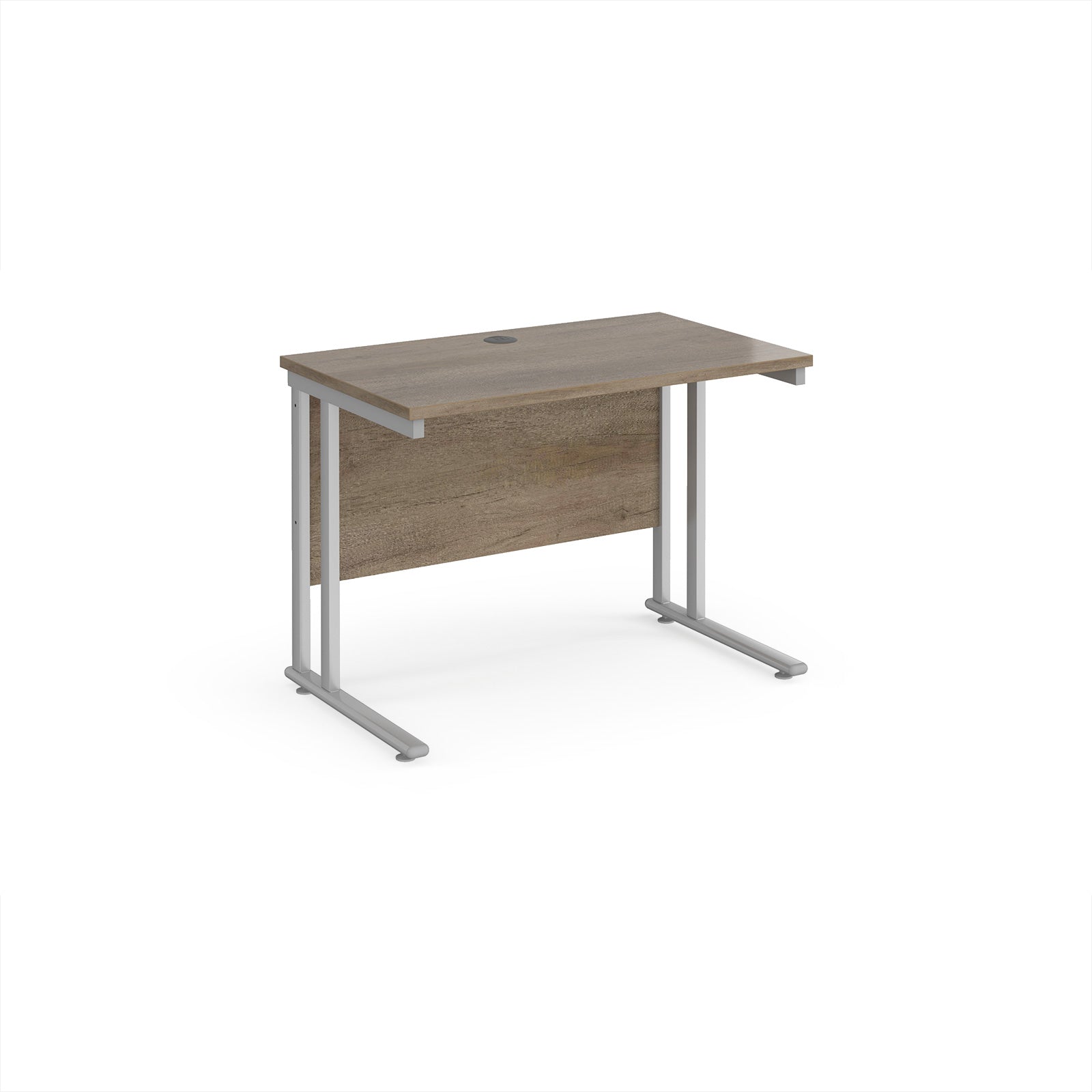 Wooden desk with silver metal legs on a white background