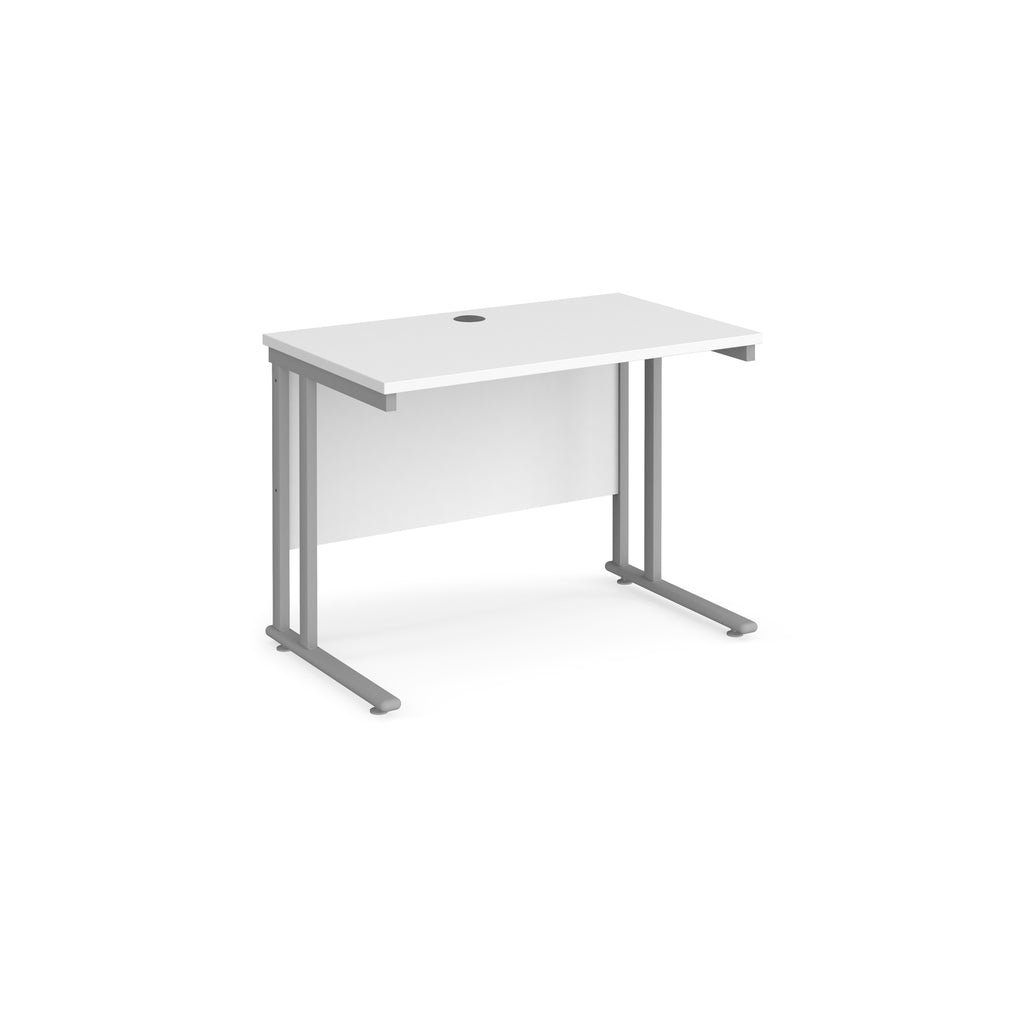 White office desk with silver legs on a white background