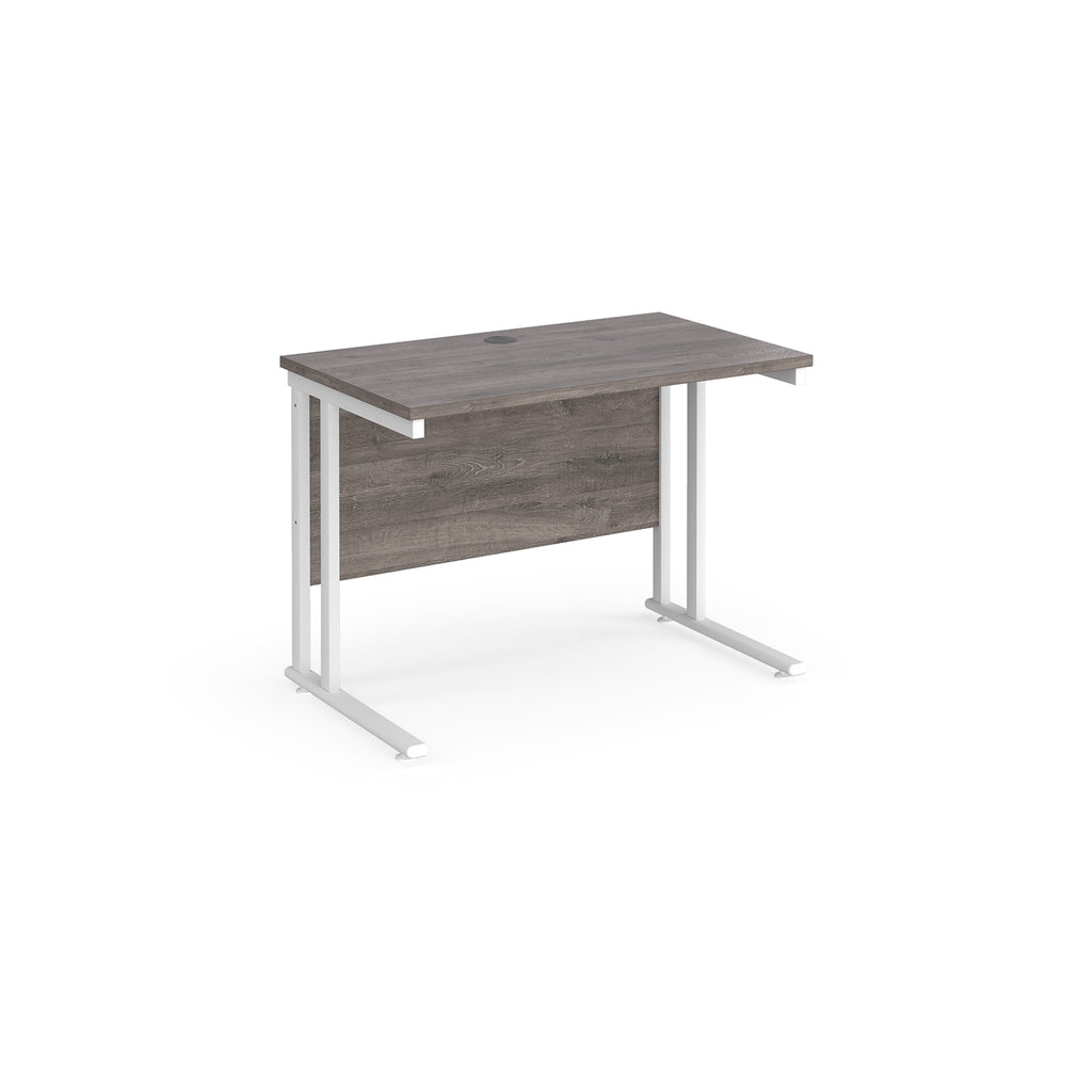 Wooden desk with white metal legs on a white background