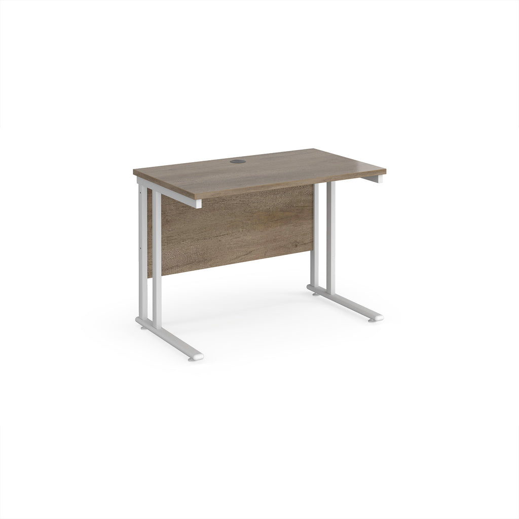 Wooden desk with white metal legs on a white background