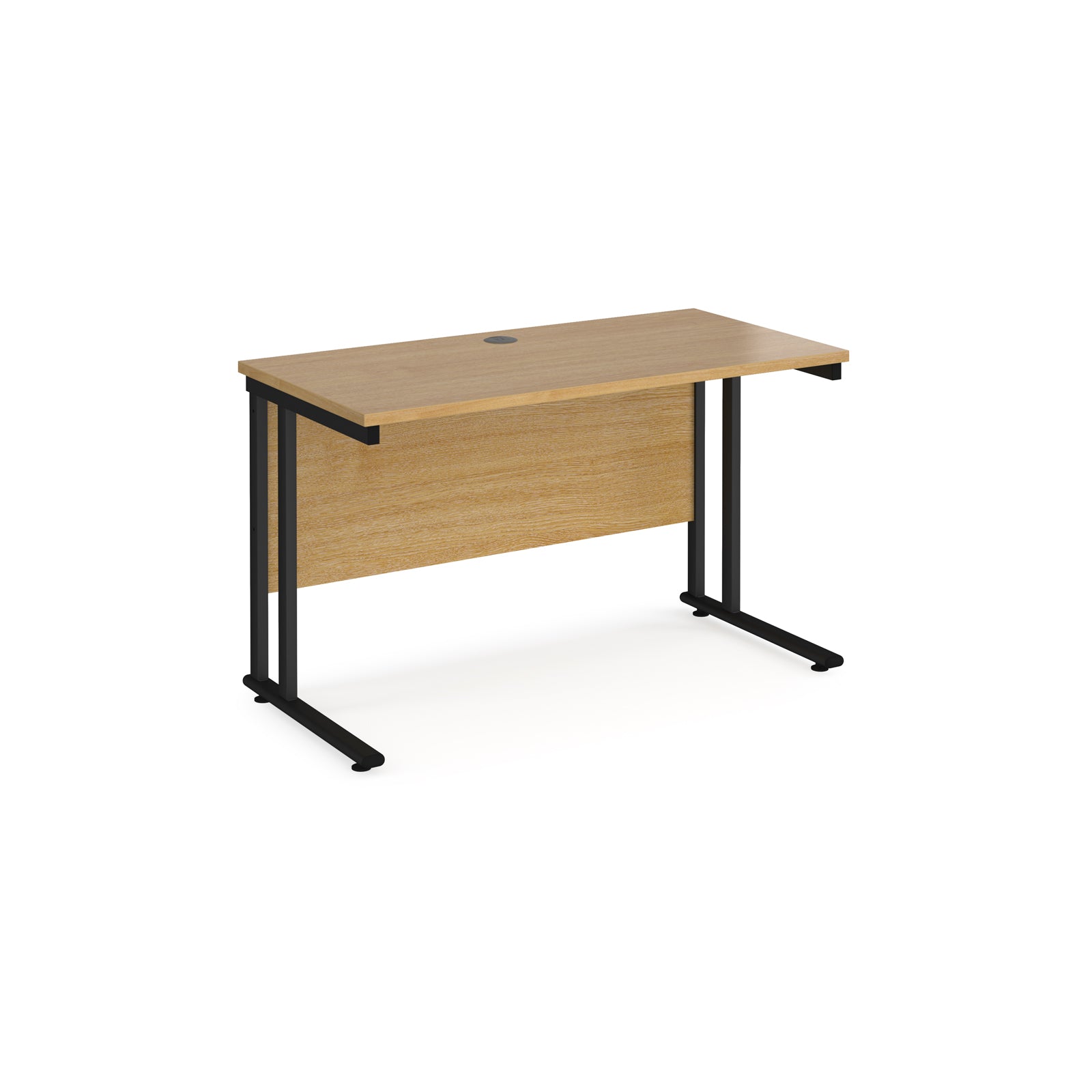 Wooden desk with black metal legs on a white background