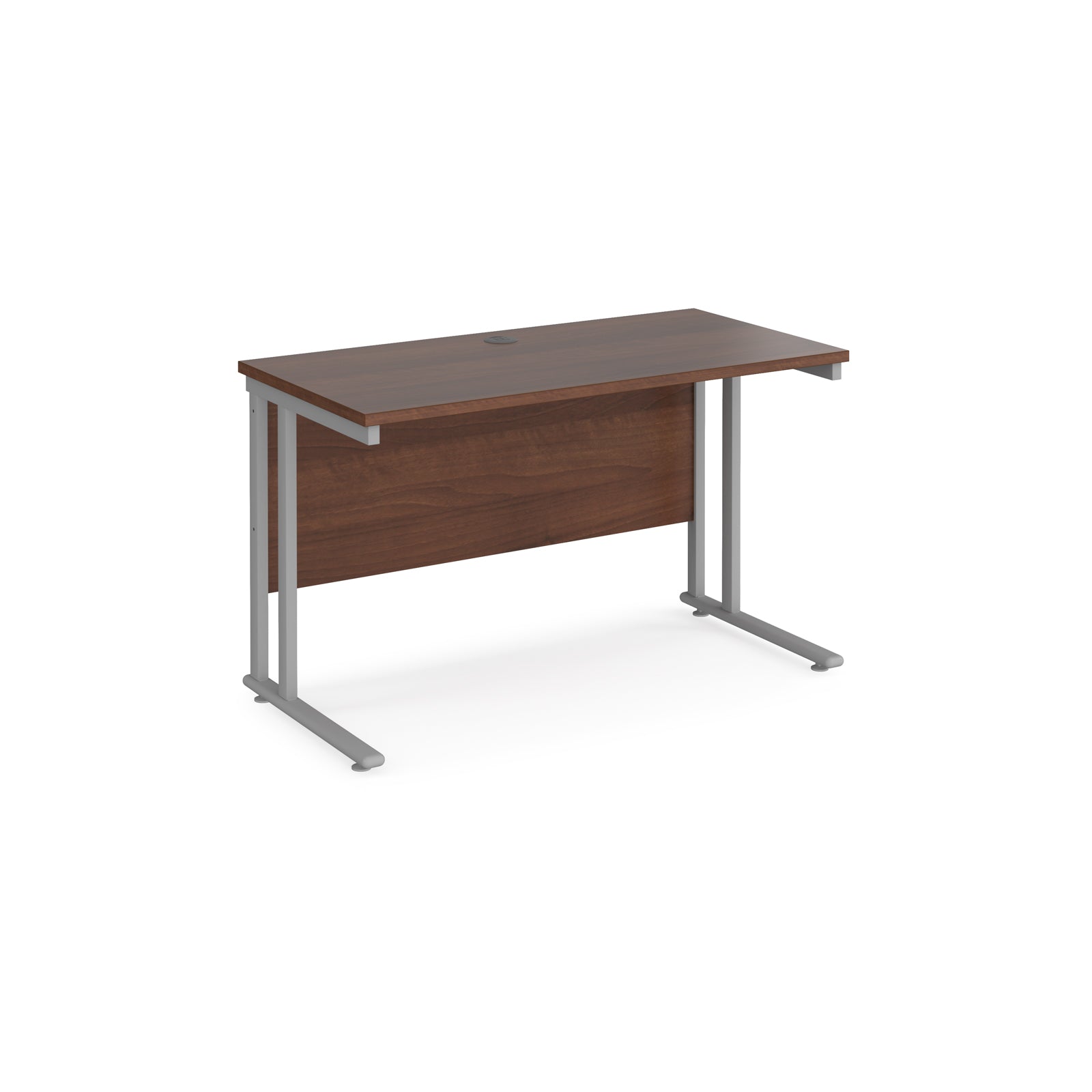 Wooden desk with silver metal legs on a white background