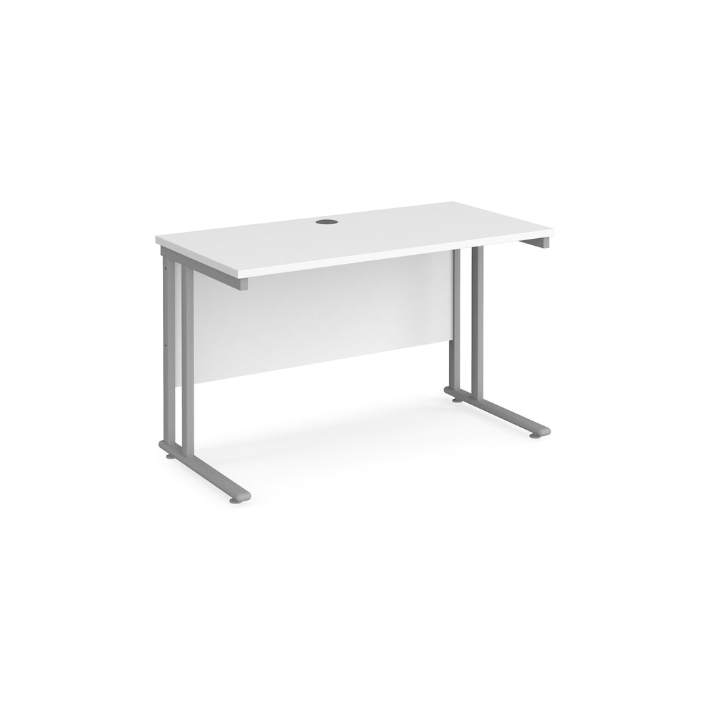 White office desk with silver legs on a white background