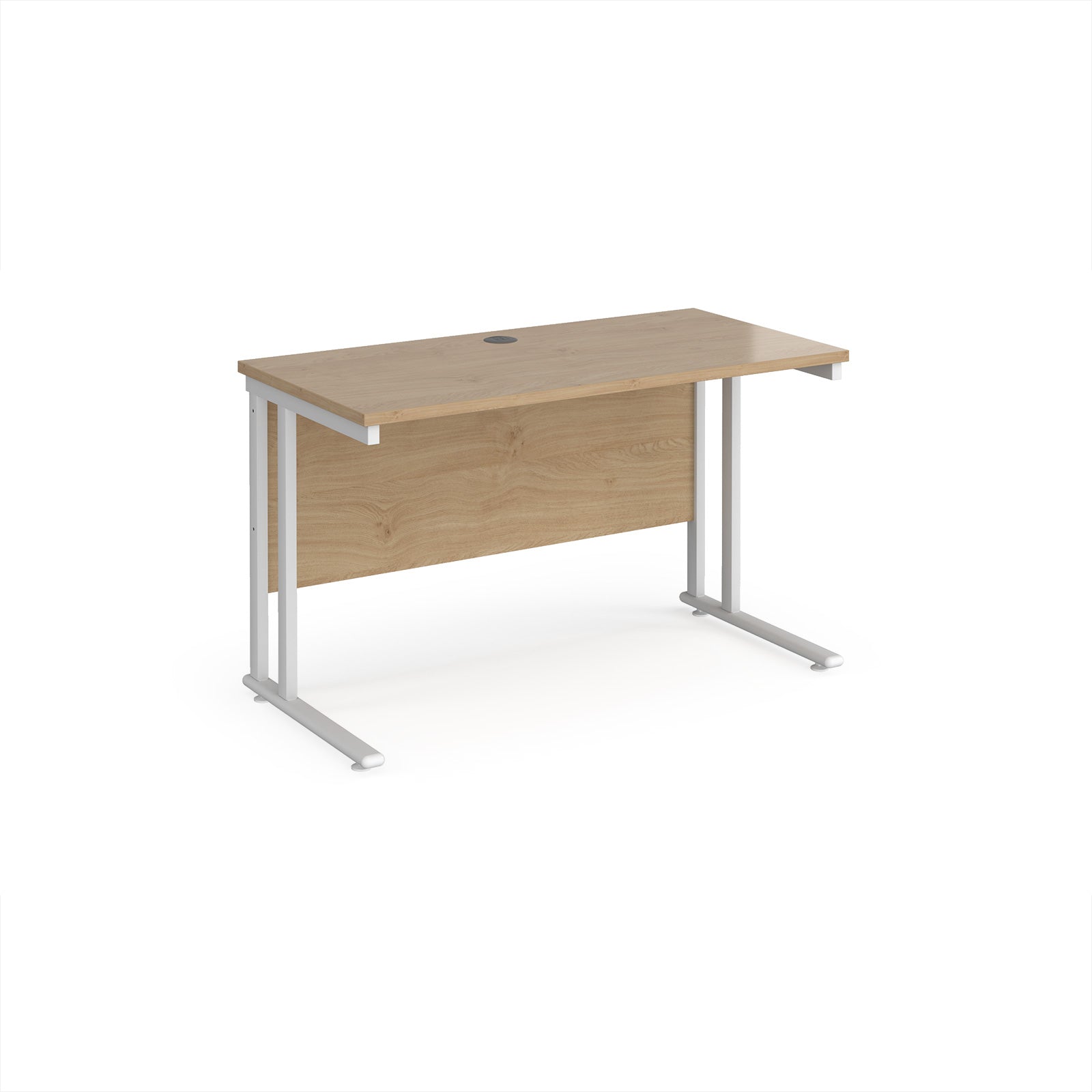 Wooden desk with white metal legs on a white background