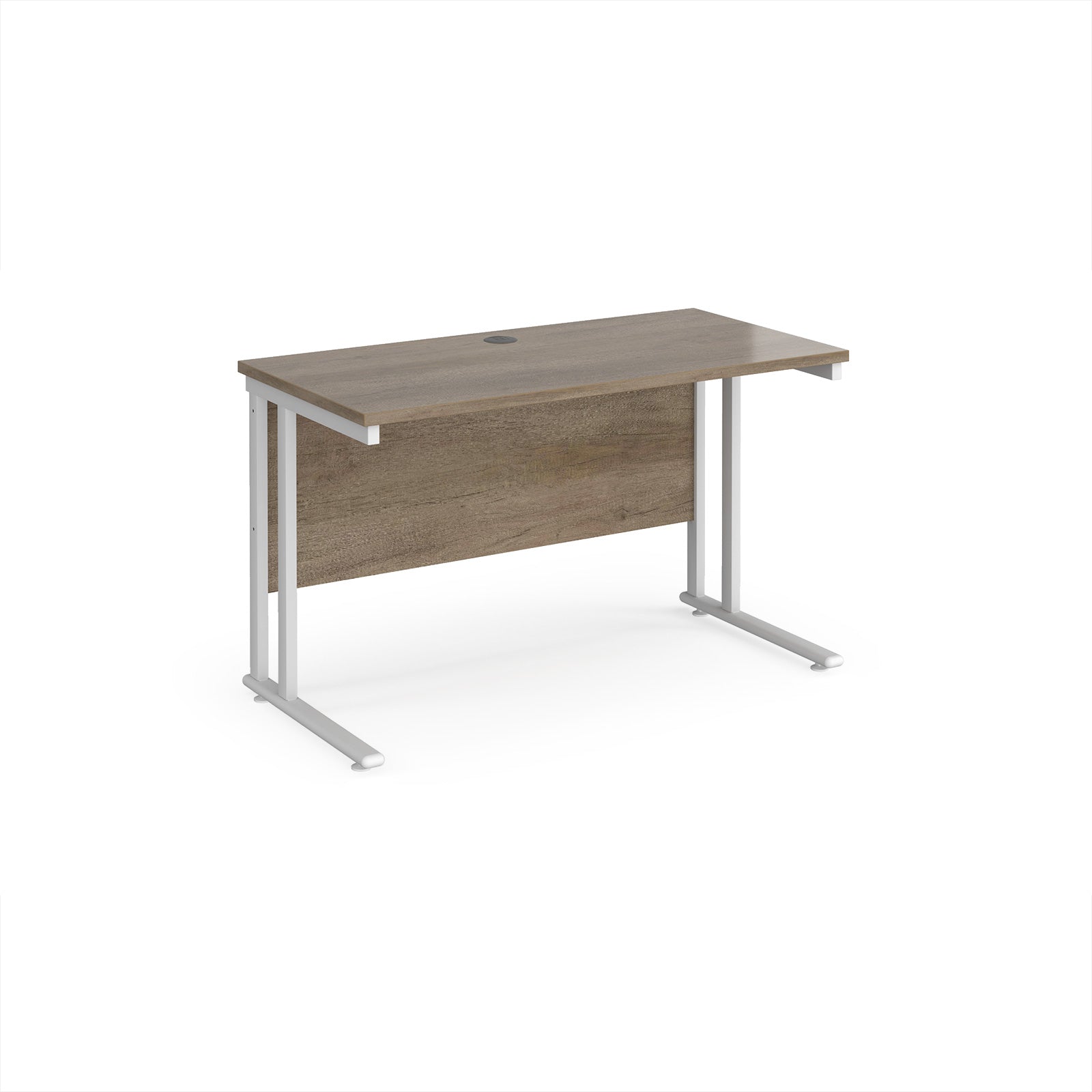 Wooden desk with white metal legs on a white background