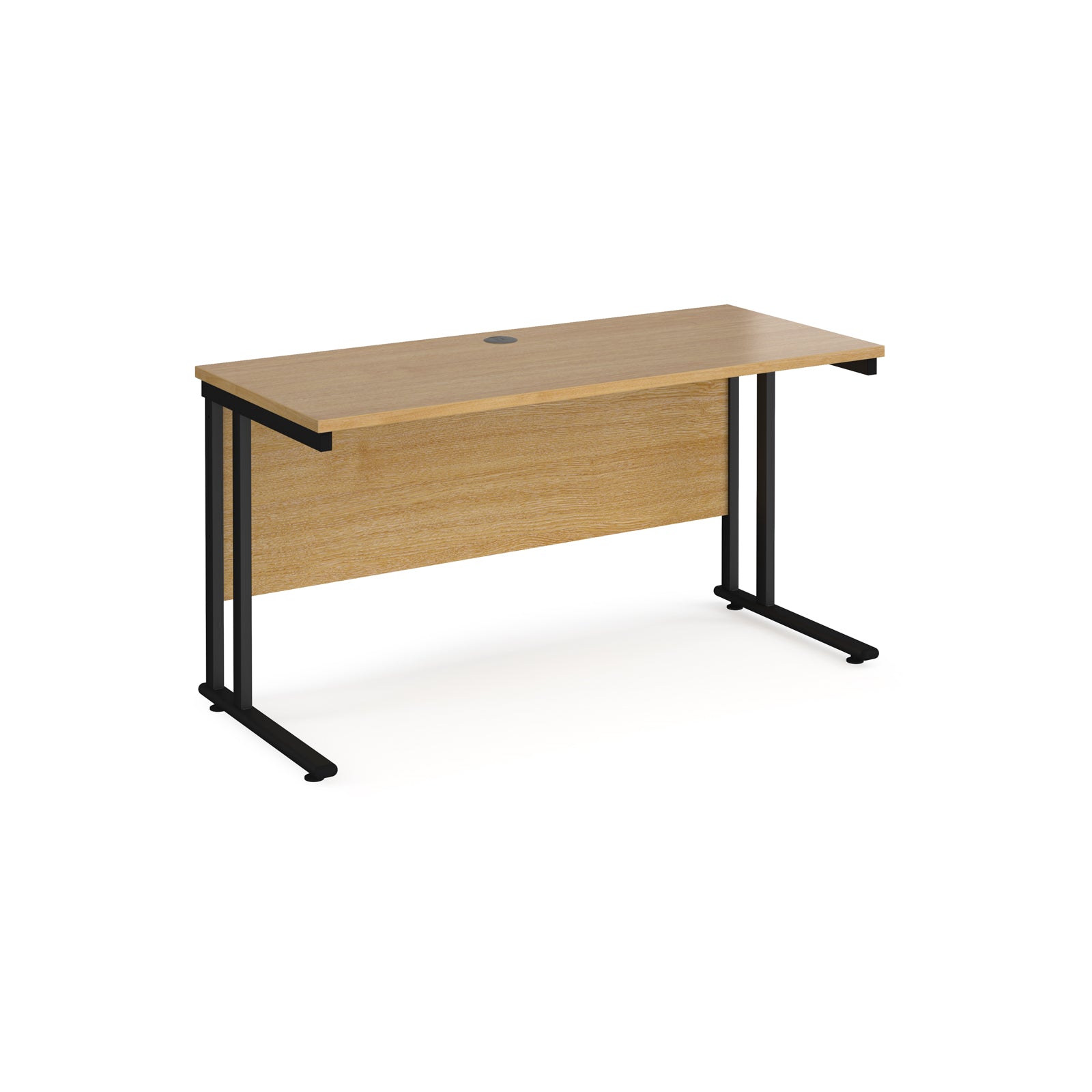 Wooden desk with black metal legs on a white background
