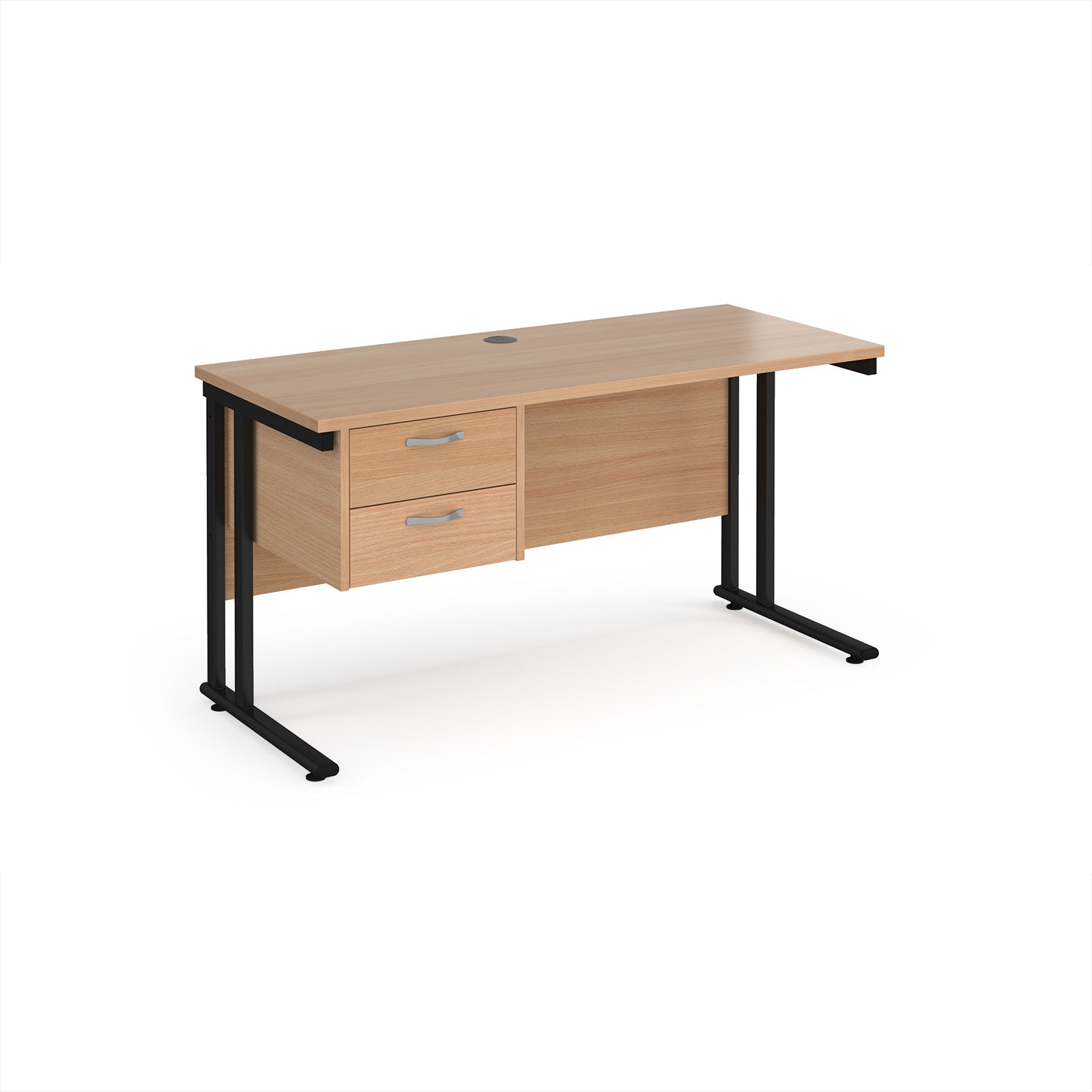 Office desk with wood-effect top and matching pedestal with black frame on a white background