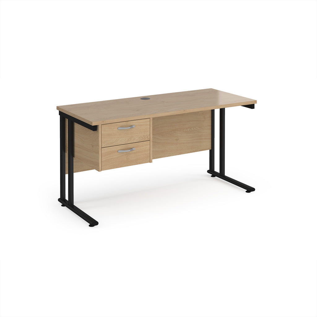 Office desk with wood-effect top and matching pedestal with black frame on a white background