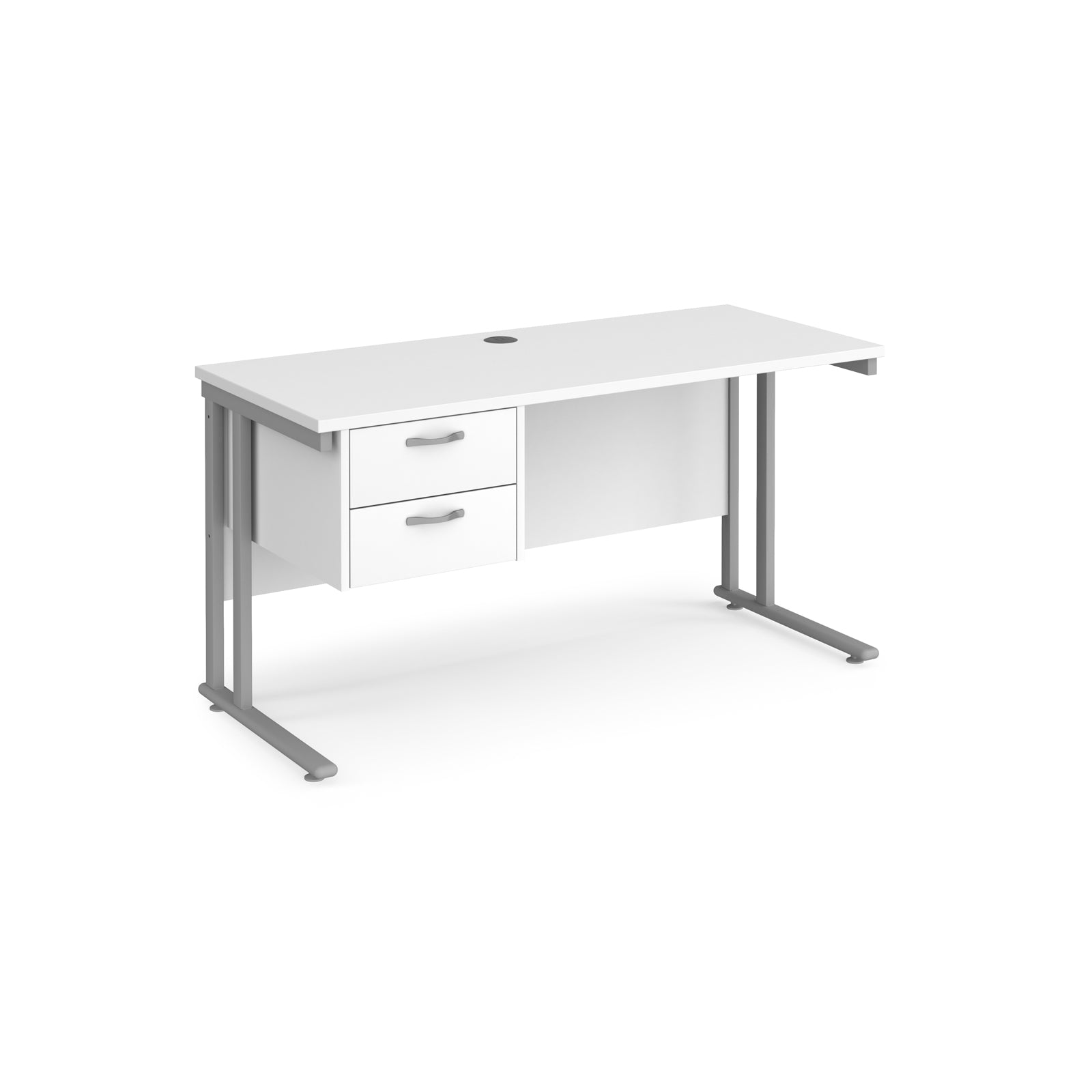 Office desk with white top and matching pedestal with silver frame on a white background