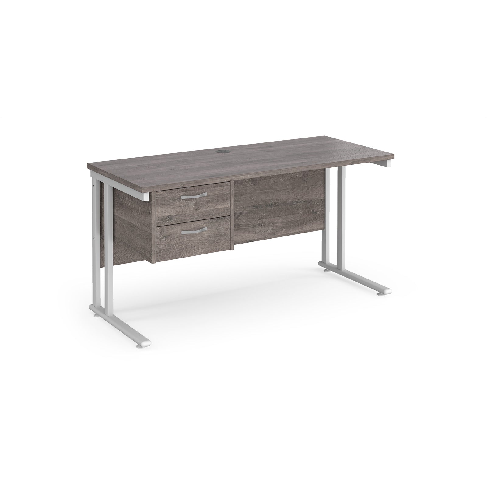 Office desk with grey wood-effect top and matching pedestal with white frame on a white background