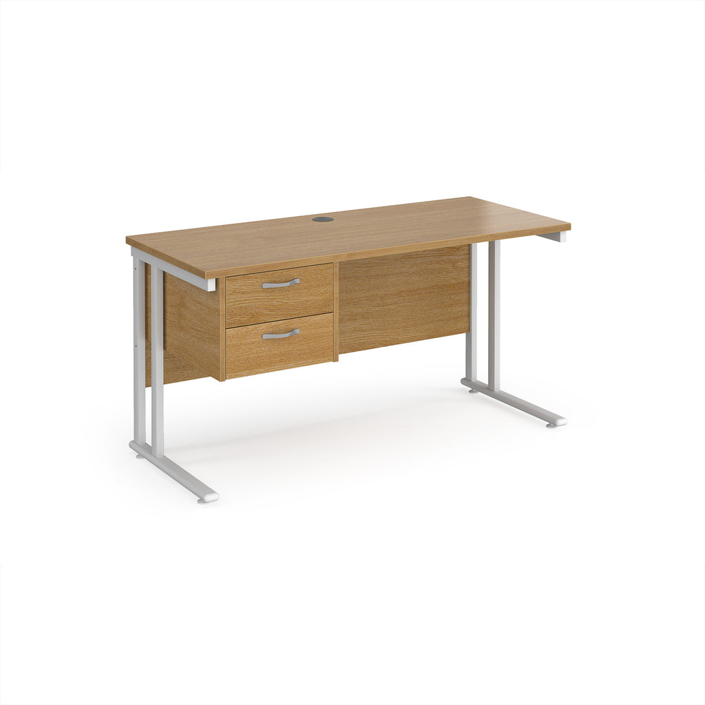 Office desk with wood-effect top and matching pedestal with white frame on a white background
