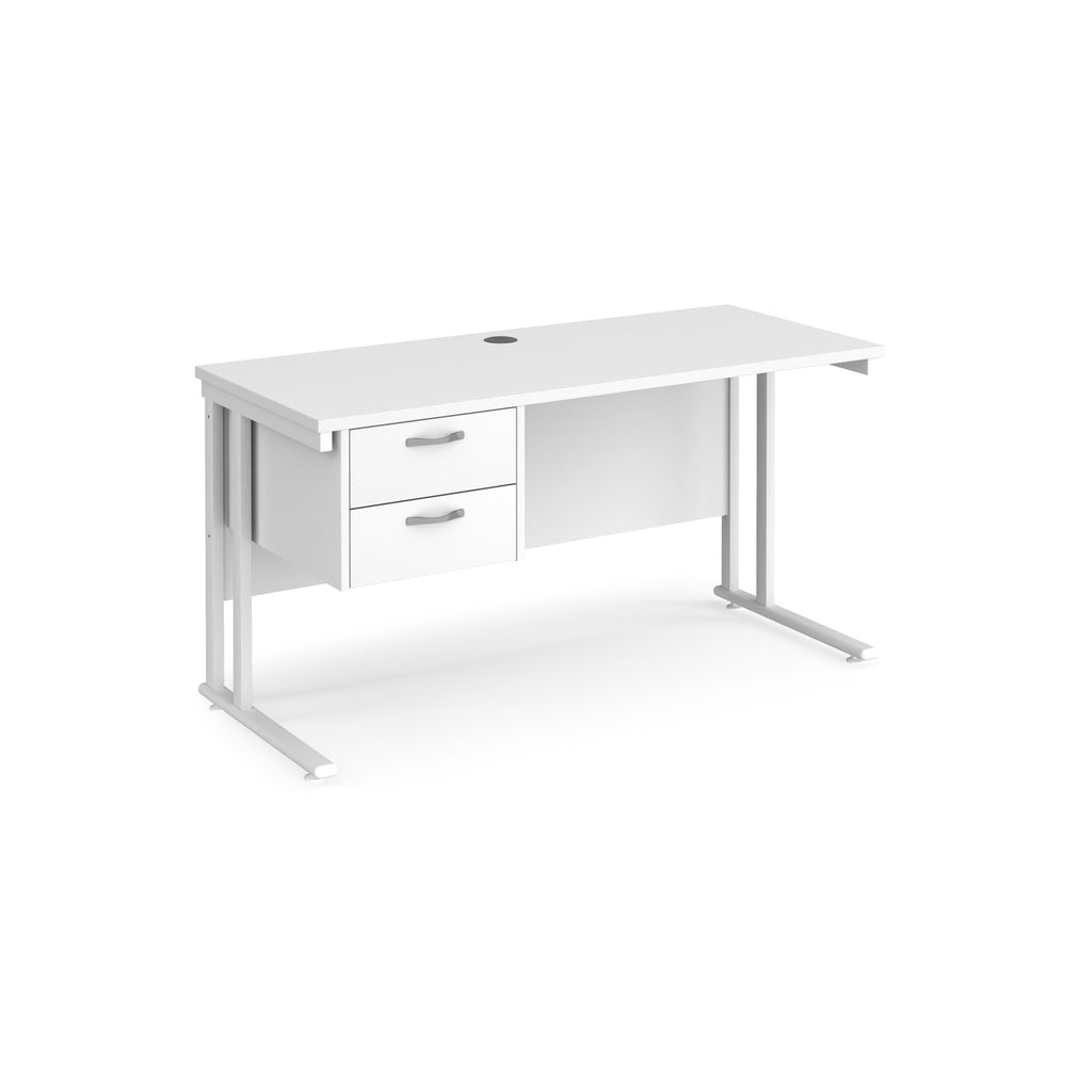 White office desk with pedestal and metal frame on a white background