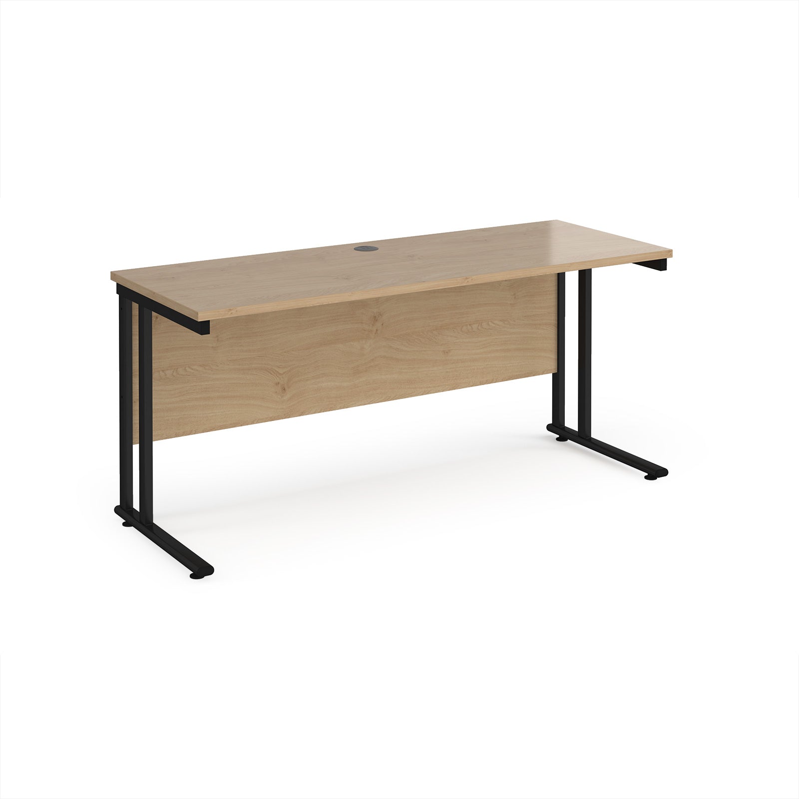 Wooden desk with black metal legs on a white background