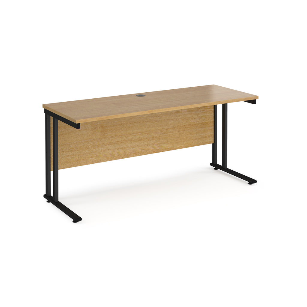 Wooden desk with black metal legs on a white background