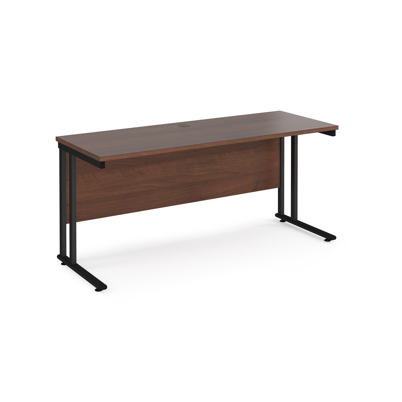 Wooden desk with black metal legs on a white background