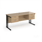 Office desk with wood-effect top and two matching pedestals with black frame on a white background