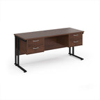 Office desk with wood-effect top and two matching pedestals with black frame on a white background