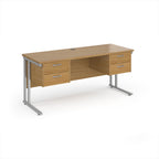 Office desk with wood-effect top and two matching pedestals with silver frame on a white background