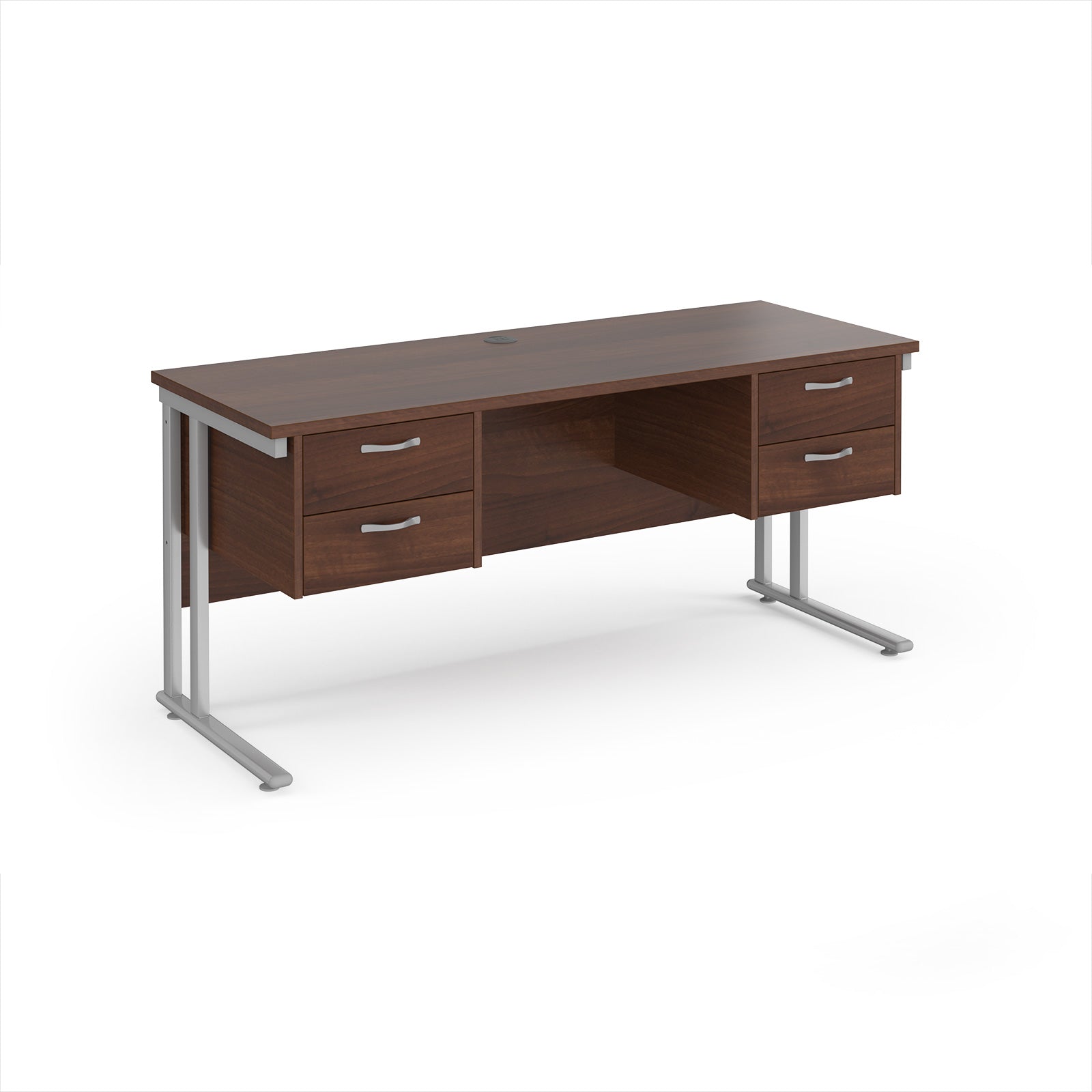 Office desk with wood-effect top and two matching pedestals with silver frame on a white background