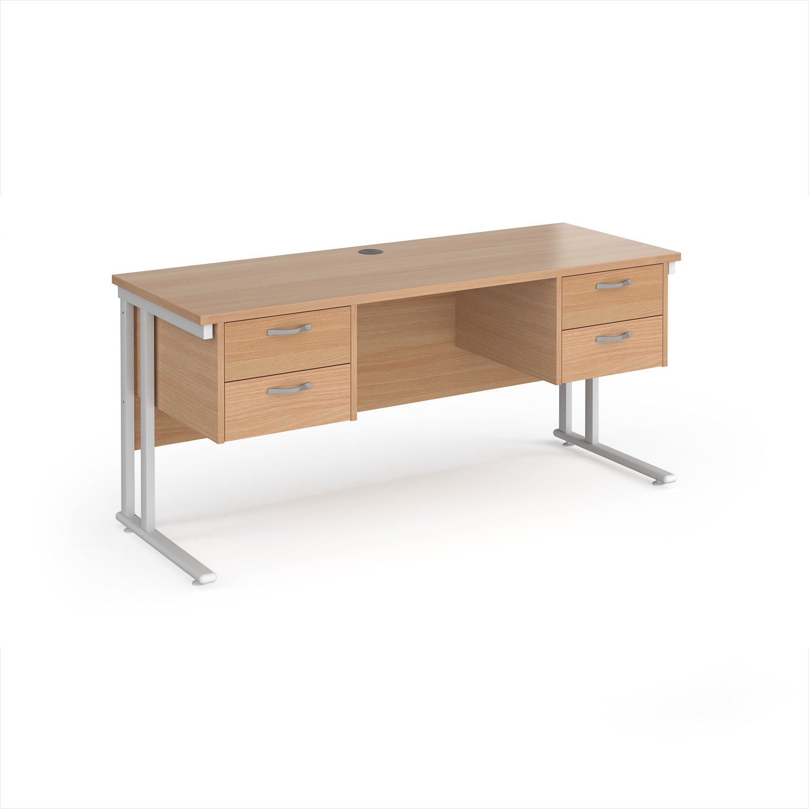 Office desk with wood-effect top and two matching pedestals with white frame on a white background