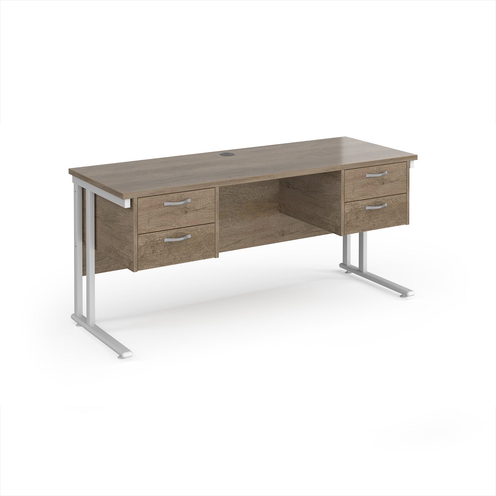 Office desk with wood-effect top and two matching pedestals with white frame on a white background