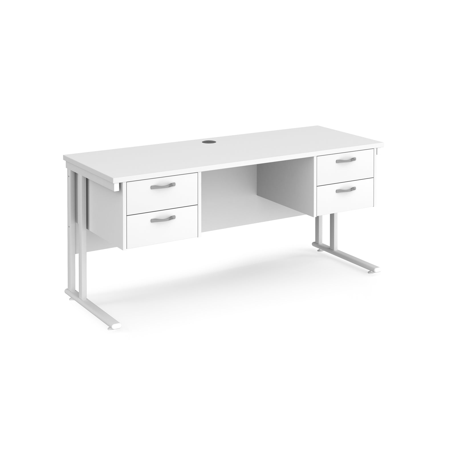White office desk with two pedestals and metal frame on a white background