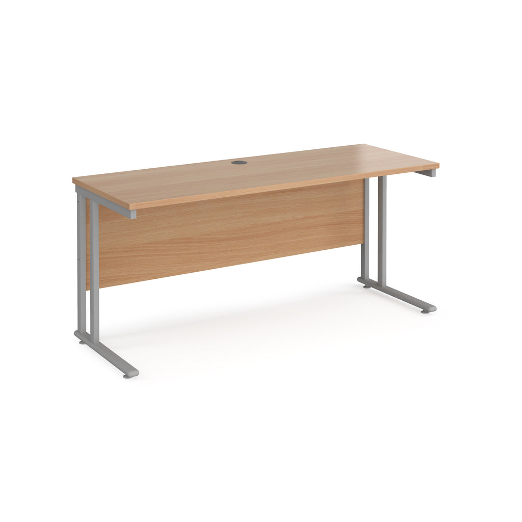 Wooden office desk with silver metal legs on a white background