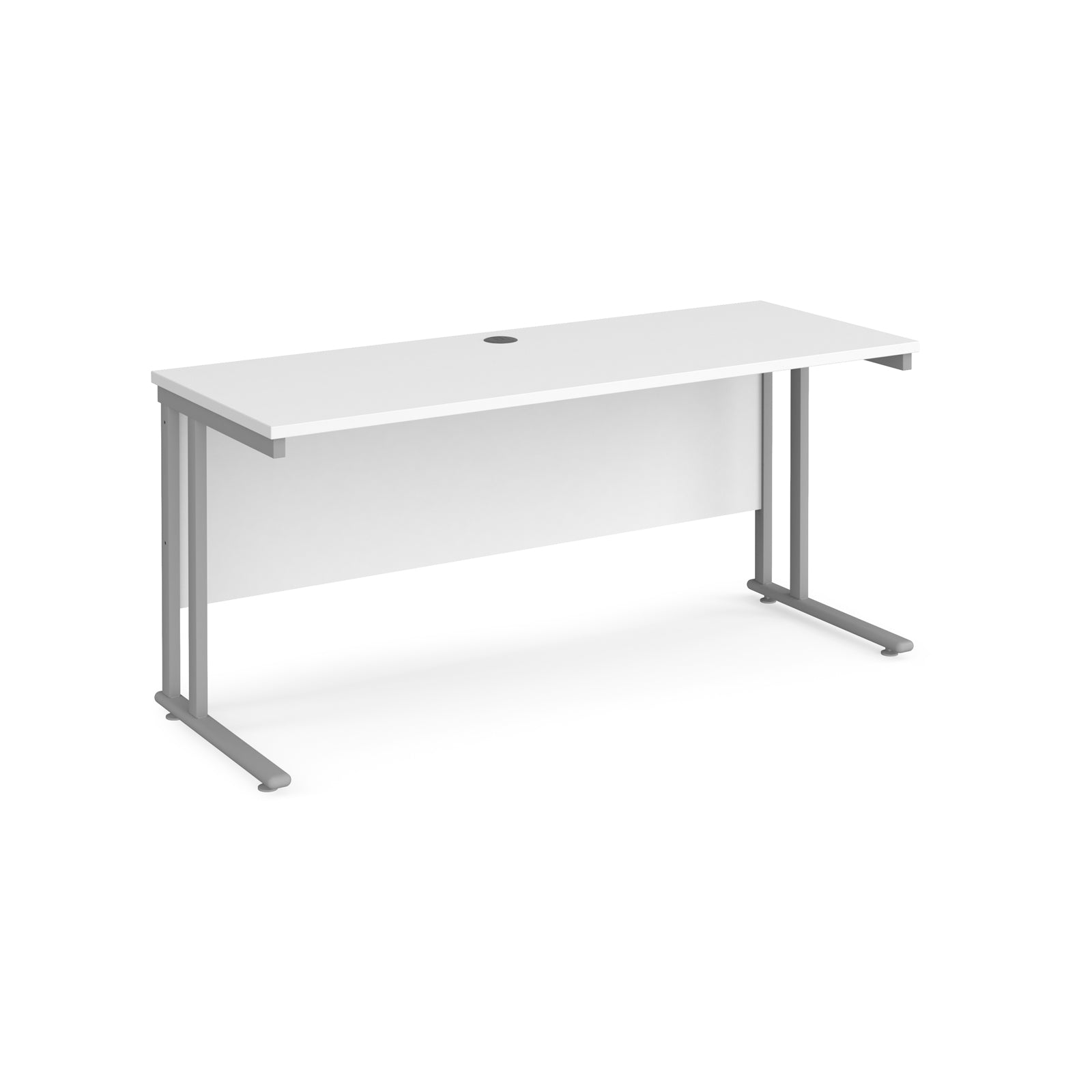 White office desk with silver legs on a white background