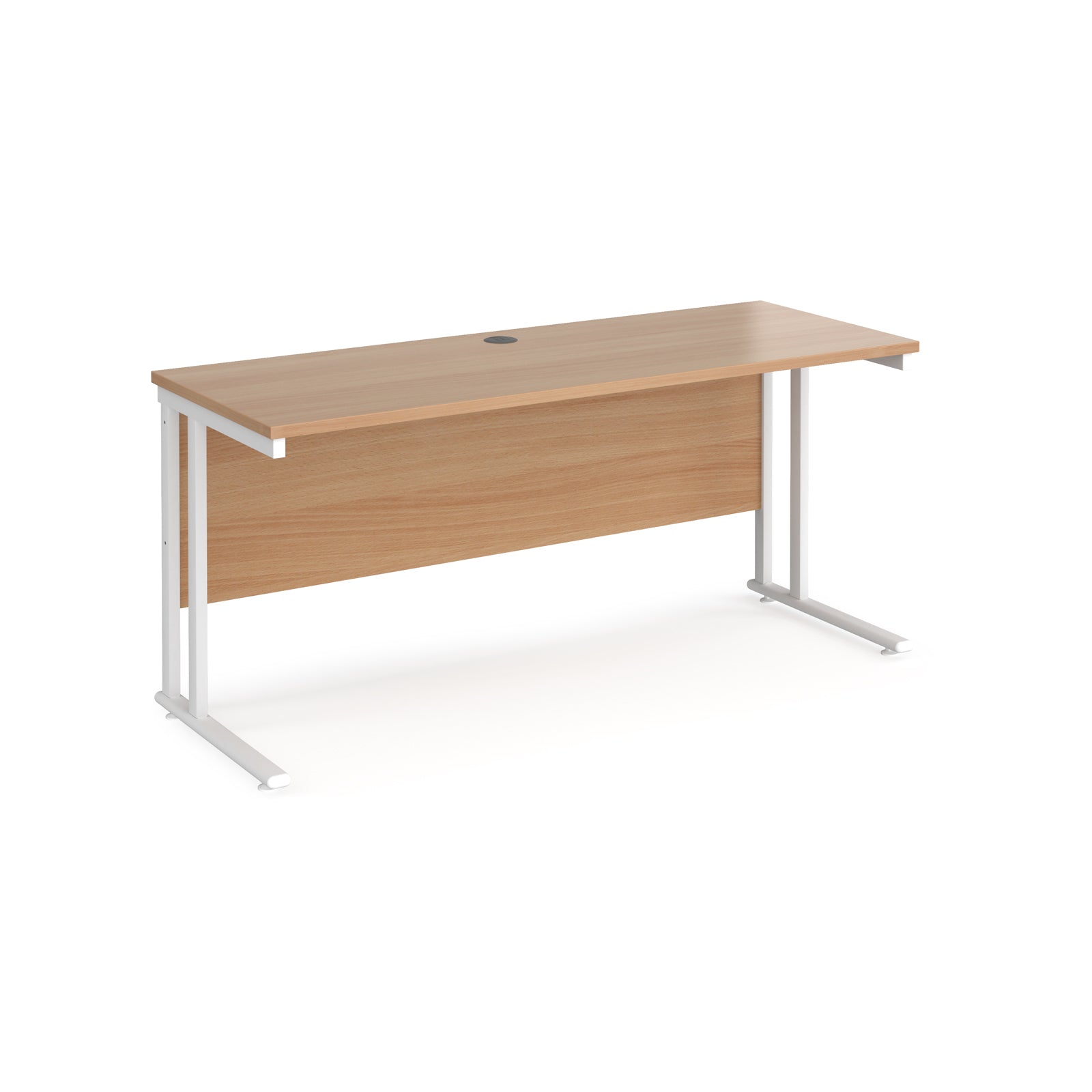Wooden office desk with white metal legs on a white background