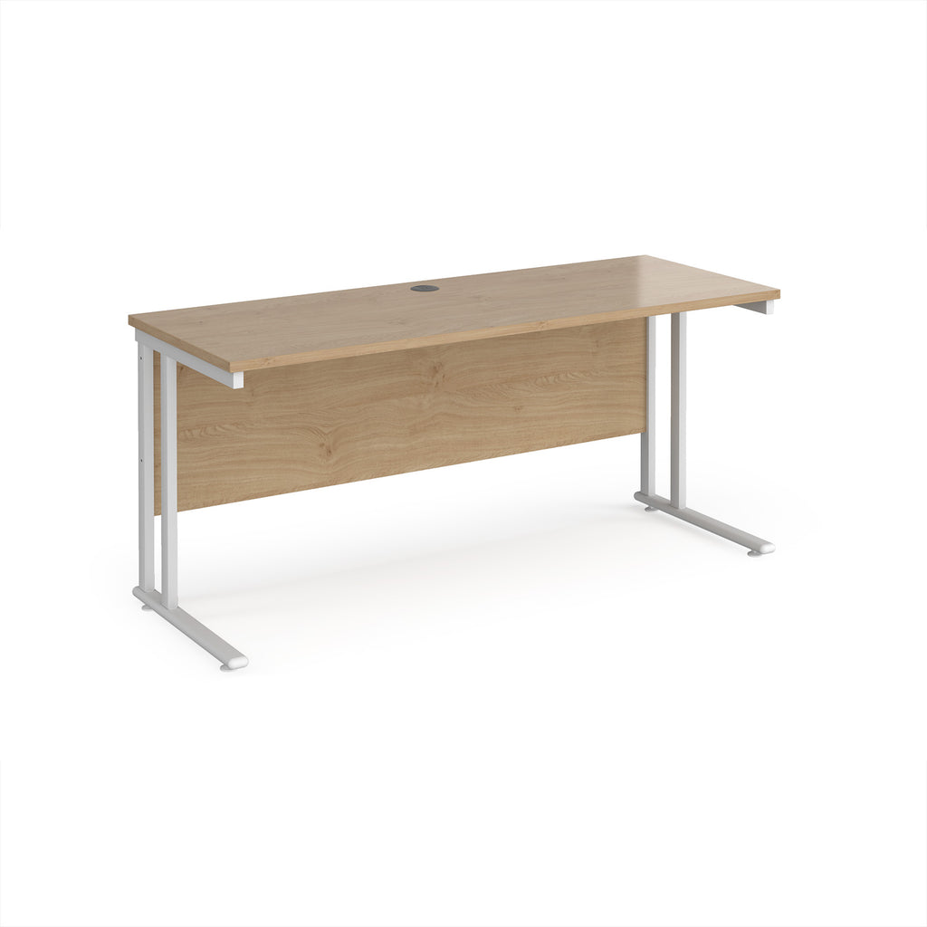 Wooden desk with white metal legs on a white background