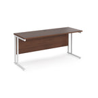 Wooden desk with white metal legs on a white background