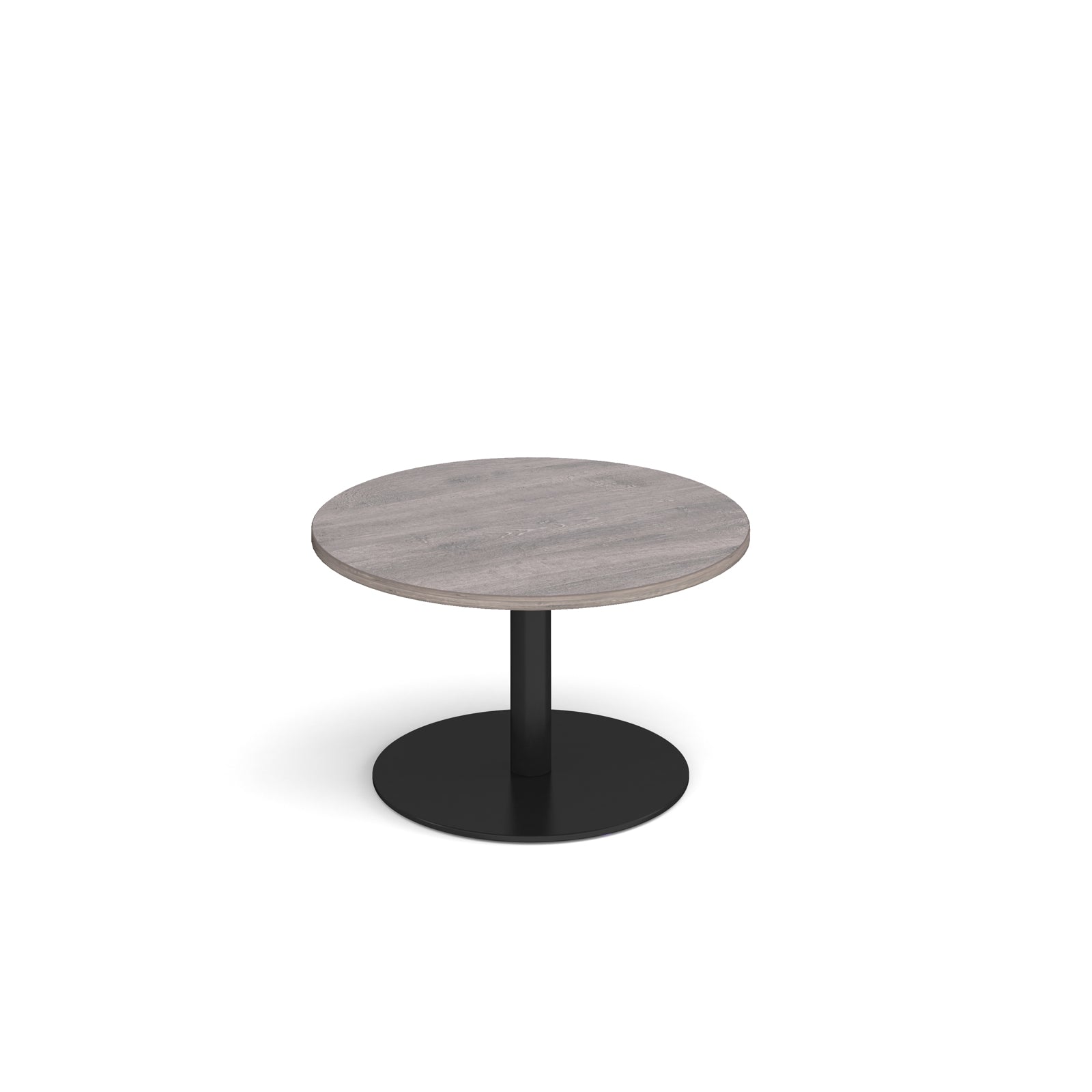 Coffee table with grey wood-effect top and black frame on a white background