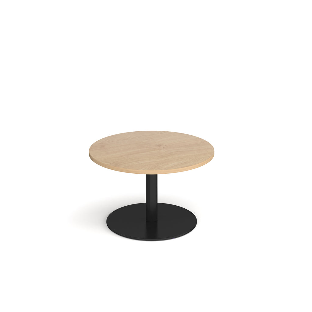 Coffee table with wood-effect top and black frame on a white background