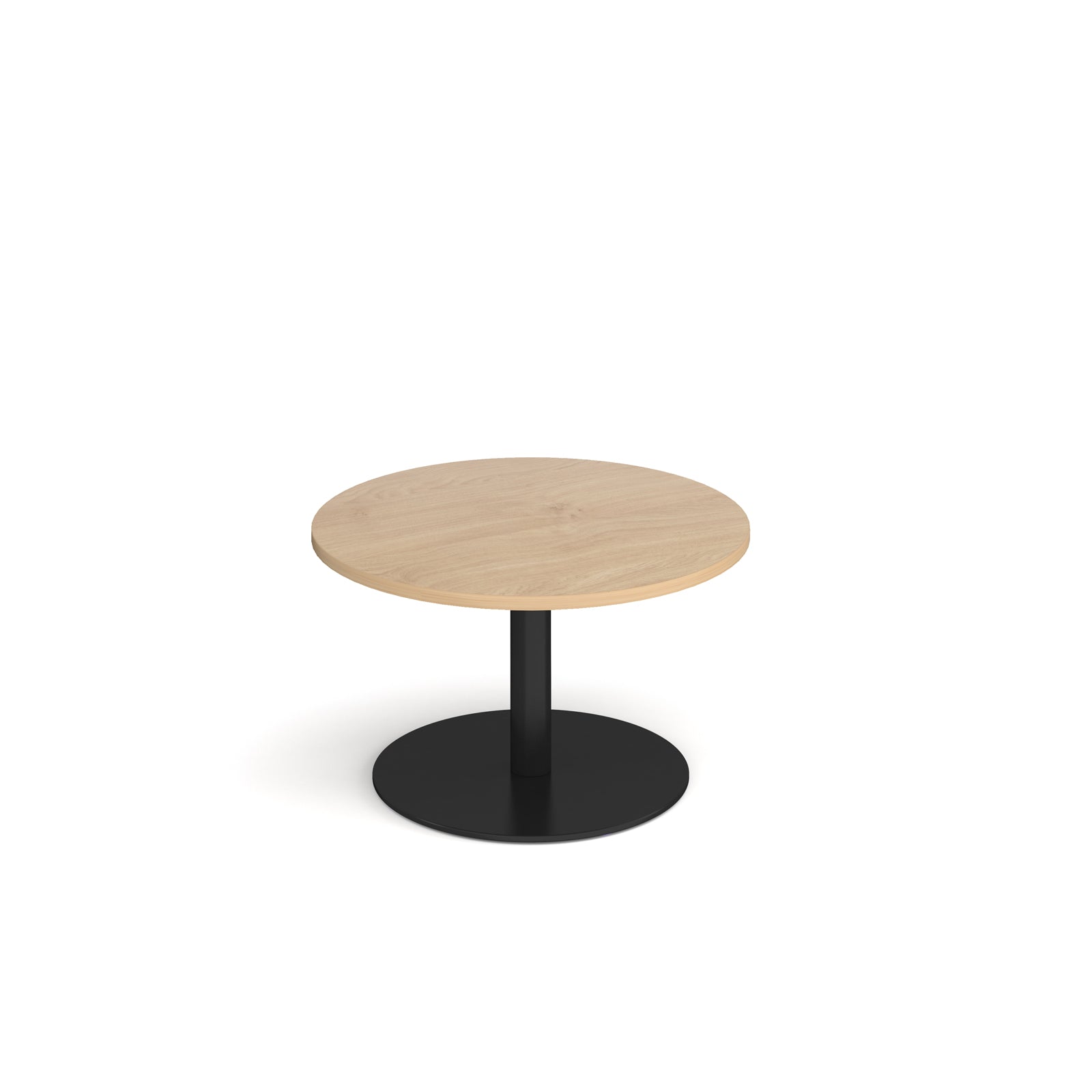 Coffee table with wood-effect top and black frame on a white background