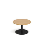 Coffee table with wood-effect top and black frame on a white background