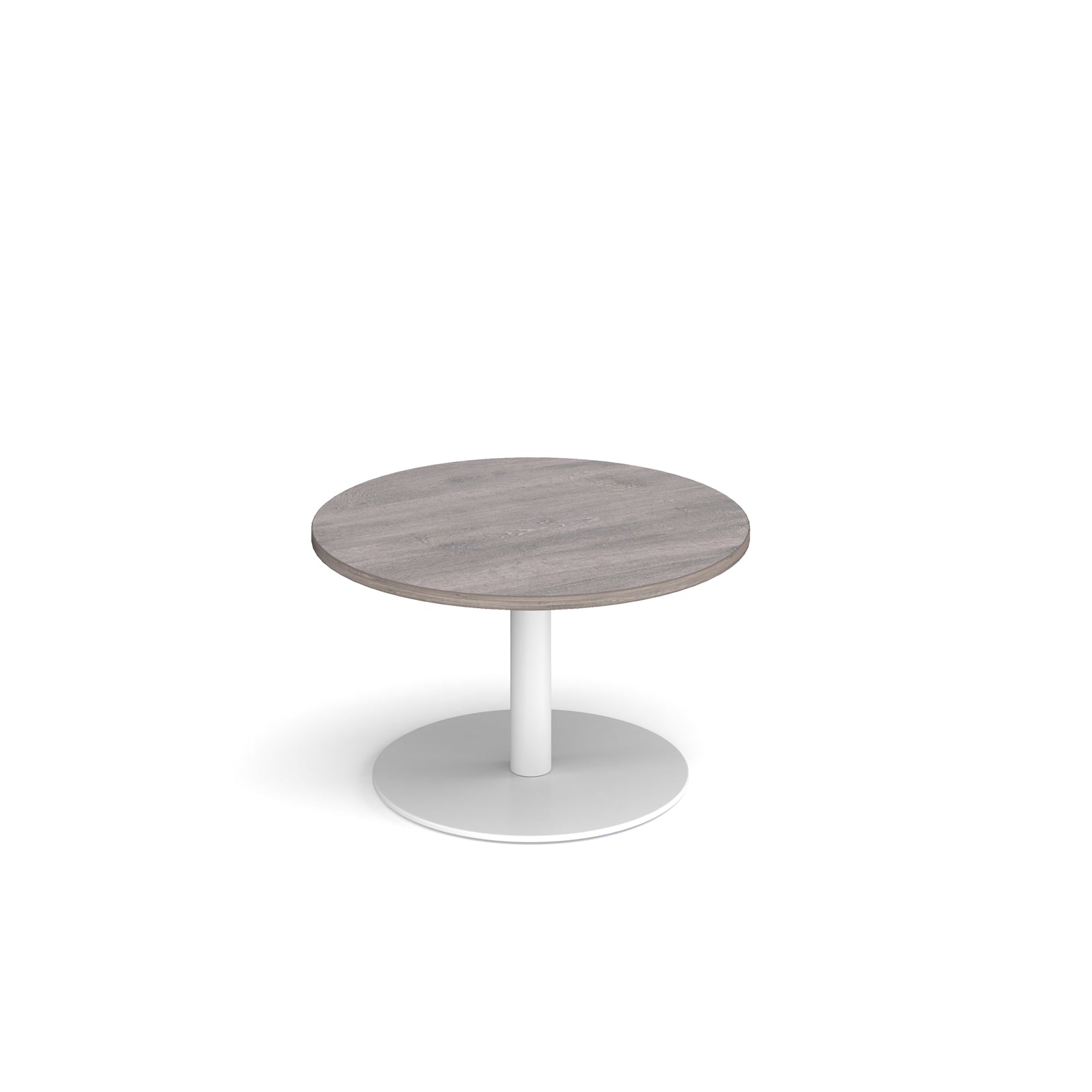 Coffee table with grey wood-effect top and white frame on a white background