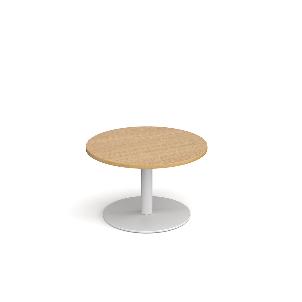 Coffee table with wood-effect top and white frame on a white background