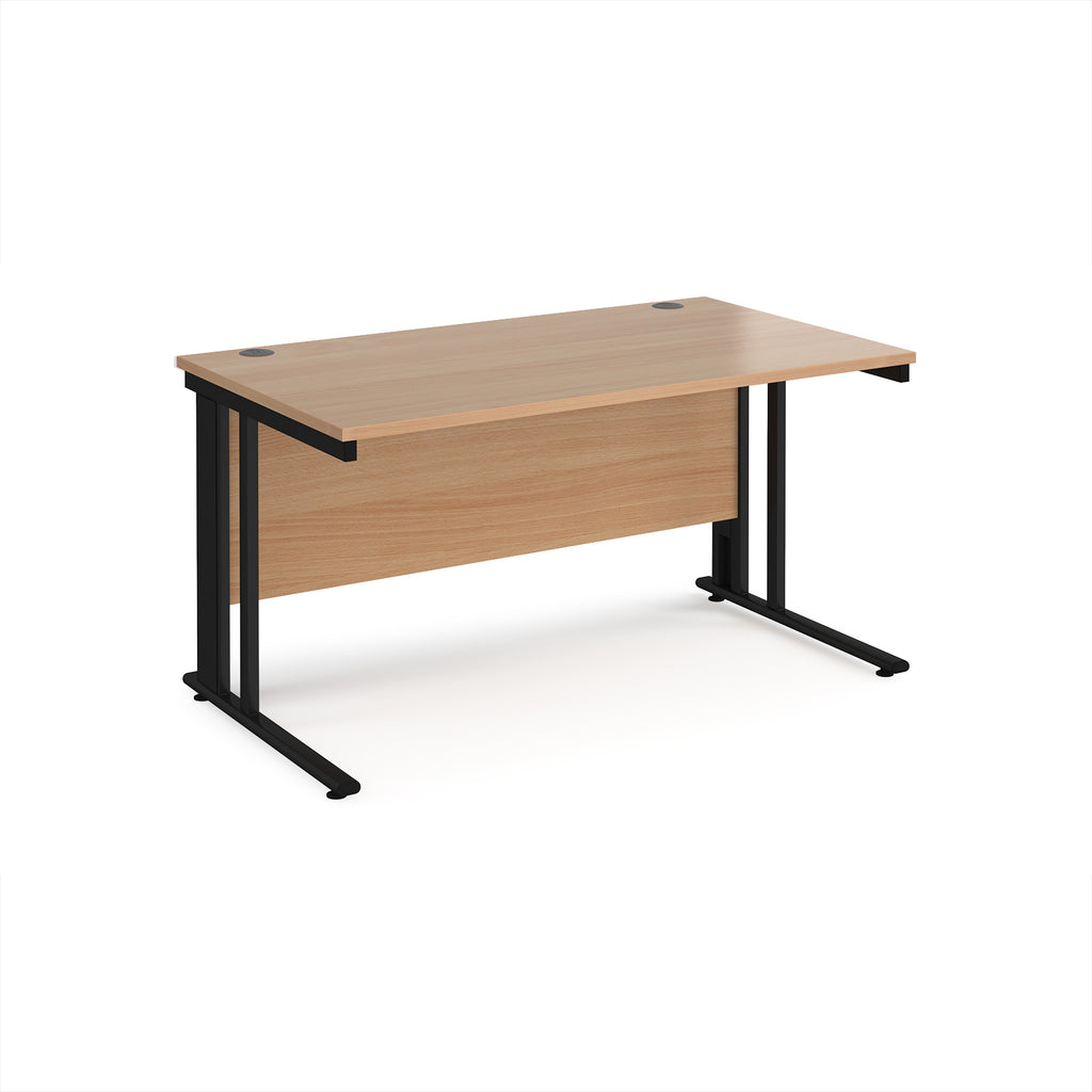 Office desk with wood-effect top and black metal legs on a white background