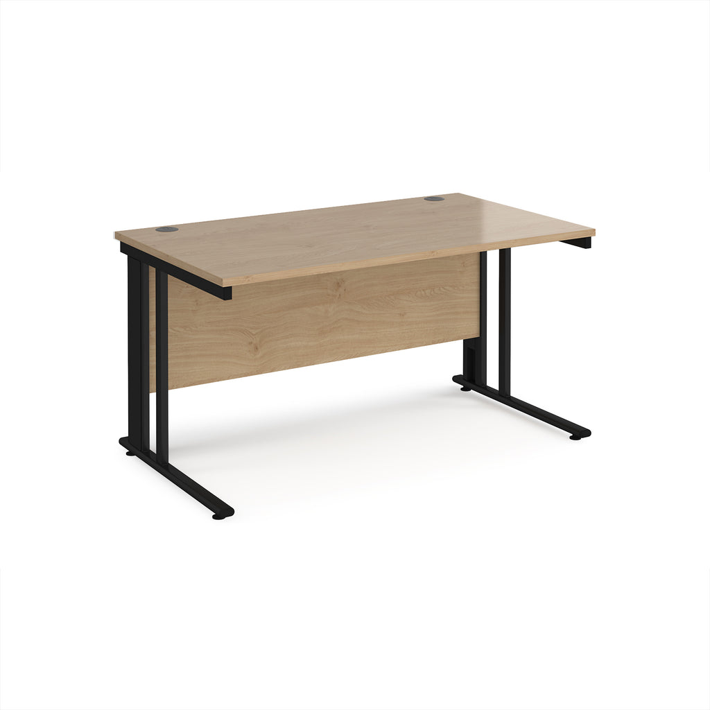 Office desk with wood-effect top and black metal legs on a white background