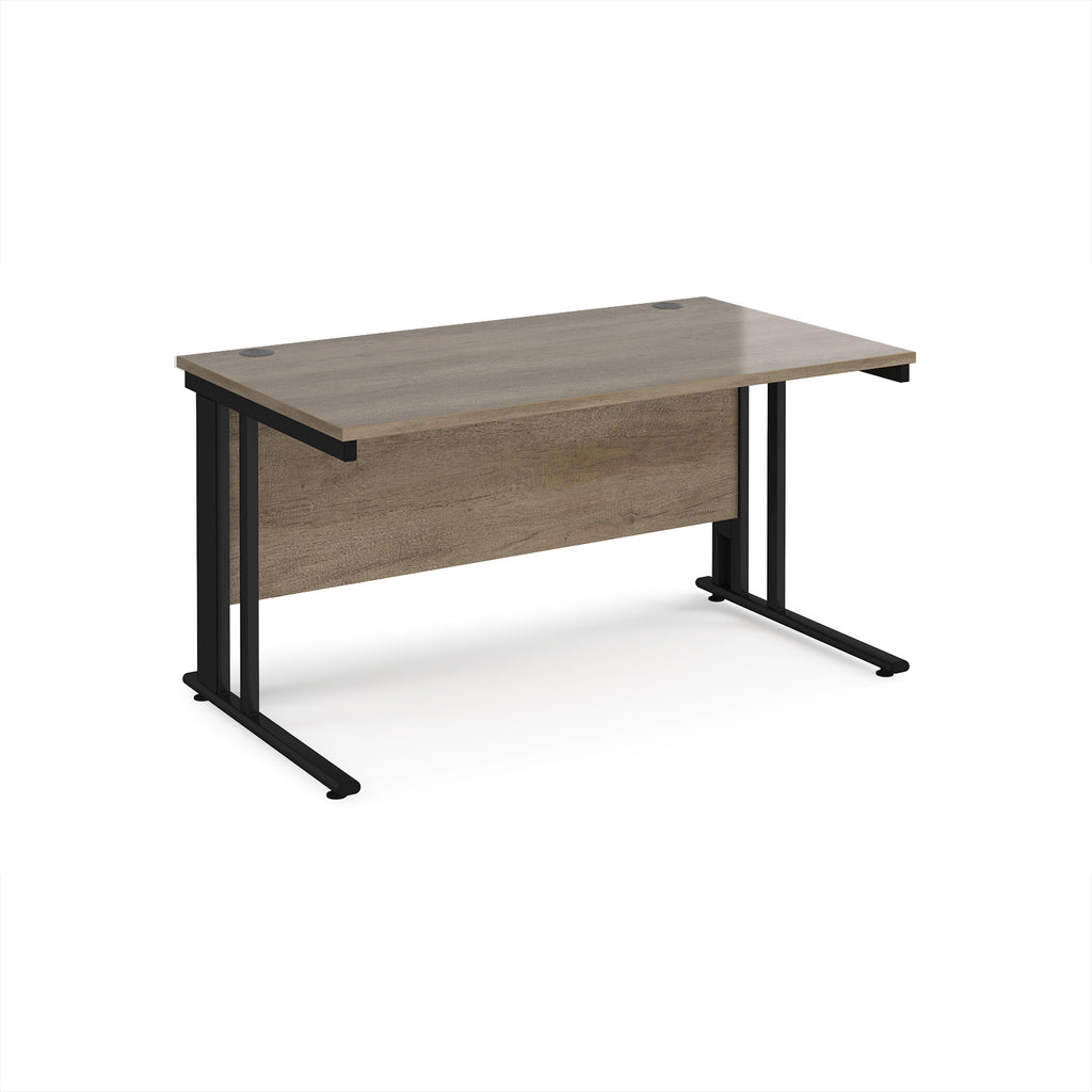 Office desk with wood-effect top and black metal legs on a white background