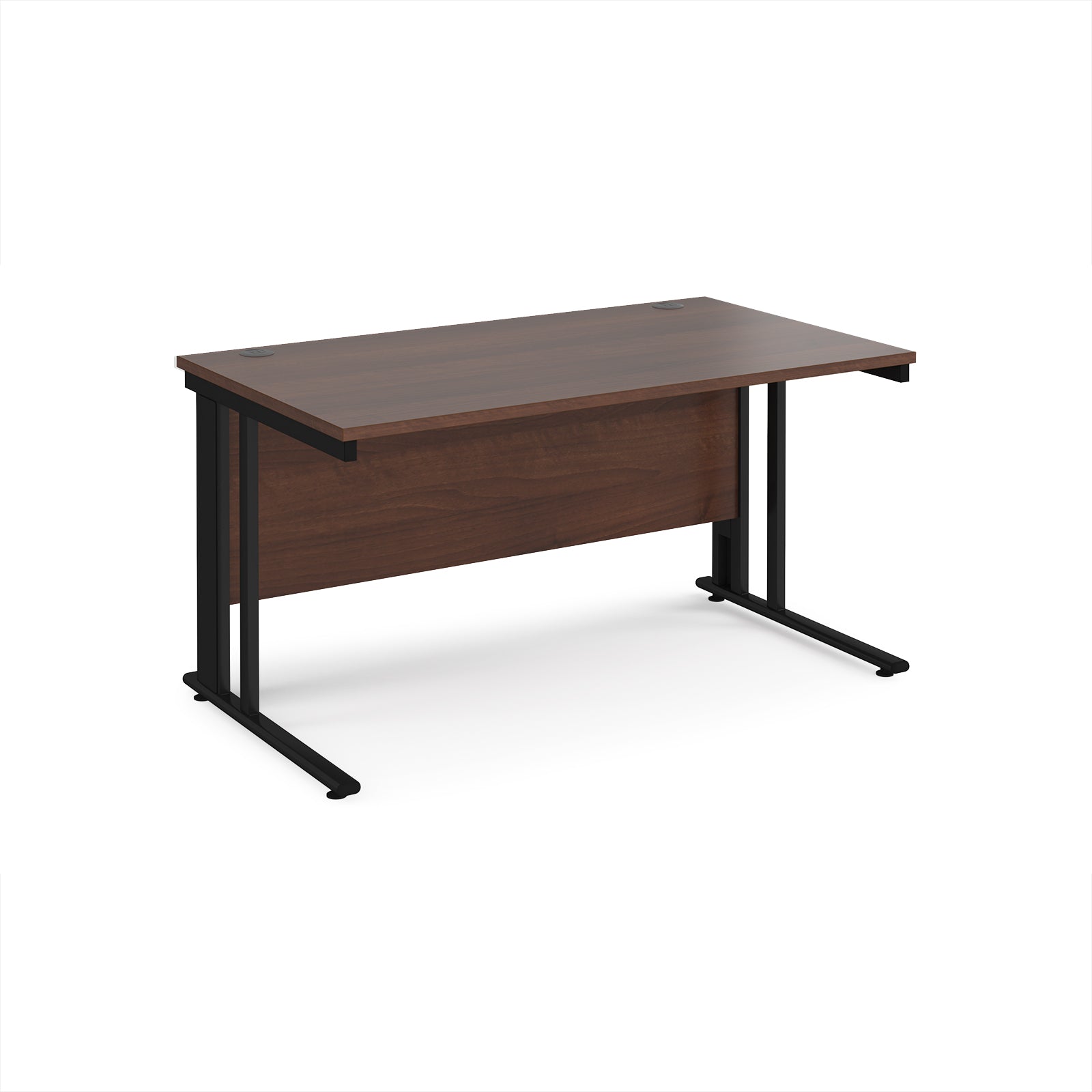 Office desk with wood-effect top and black metal legs on a white background