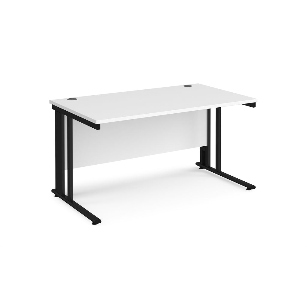 Office desk with white top and black metal legs on a white background