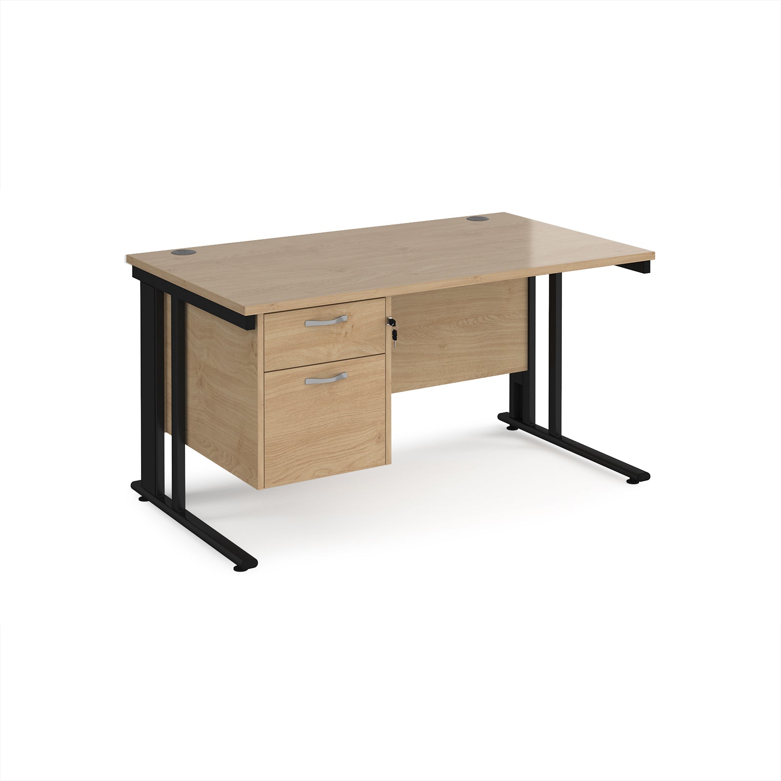 Office desk with wood-effect top and matching pedestal with black frame on a white background